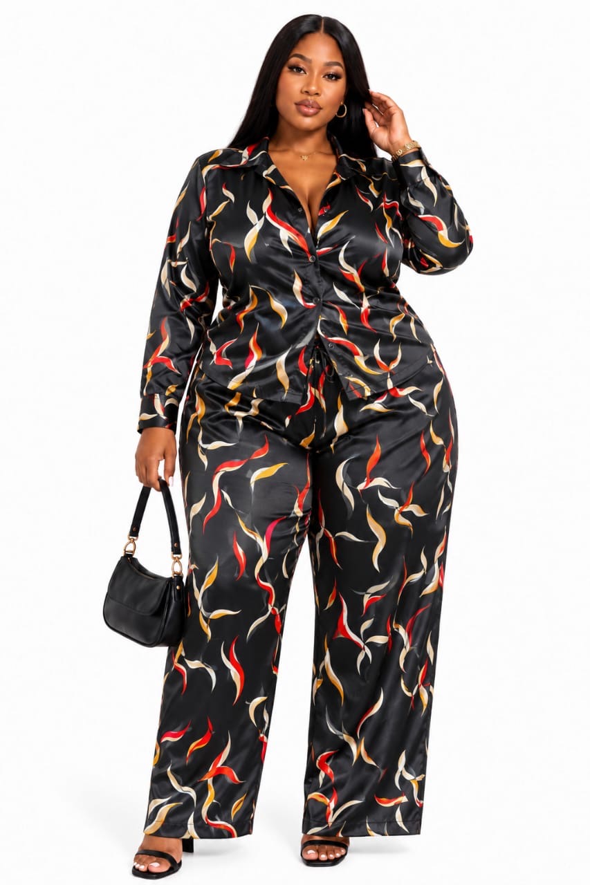 Black Finley Plus Size Printed Satin Shirt &amp; Wide-Leg Pants Set