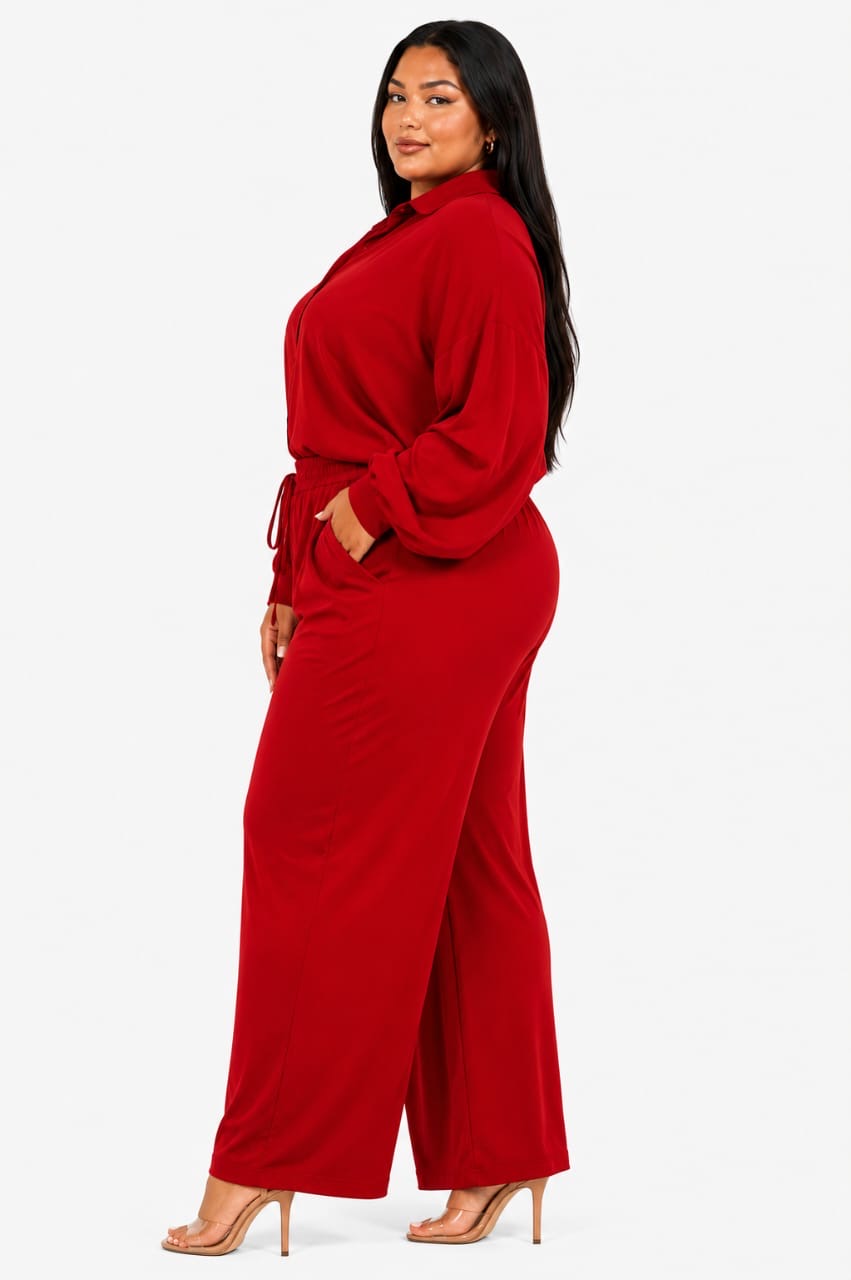 Red Aria Button-Up Top &amp; Wide-Leg Pants Set
