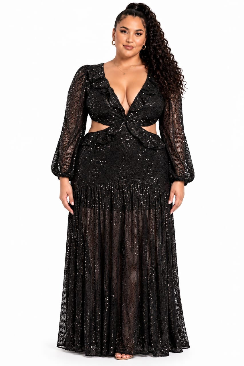 Black Celeste Sequin Ruffle Maxi Dress