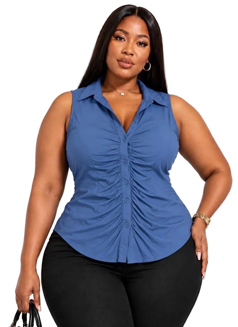 Blue Casey Plus Size Ruched Sleeveless Button-Up Top
