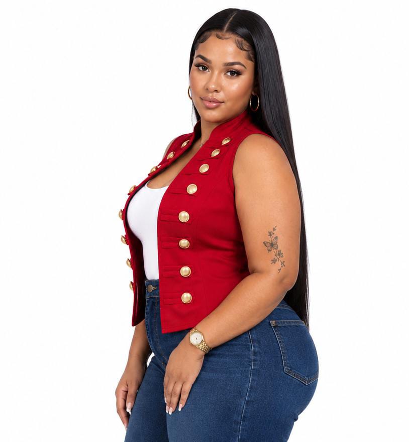 Red Nina Military Button Vest