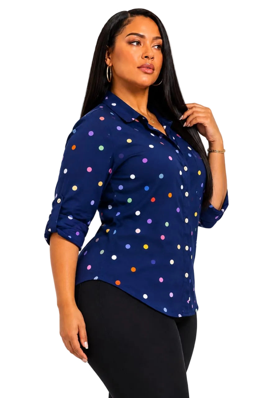 Navy Blair Plus Size Multicolor Polka Dot Button-Up Shirt