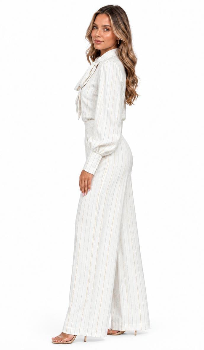 White Quinn Bow Tie Blouse & Wide-Leg Pants 2 Piece Set