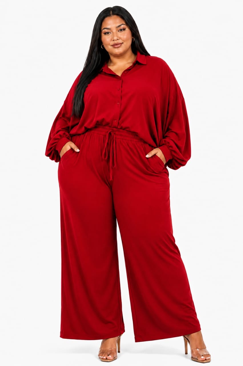 Red Aria Button-Up Top &amp; Wide-Leg Pants Set