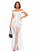White Riley Sheer Ruched Off-Shoulder Maxi Dress