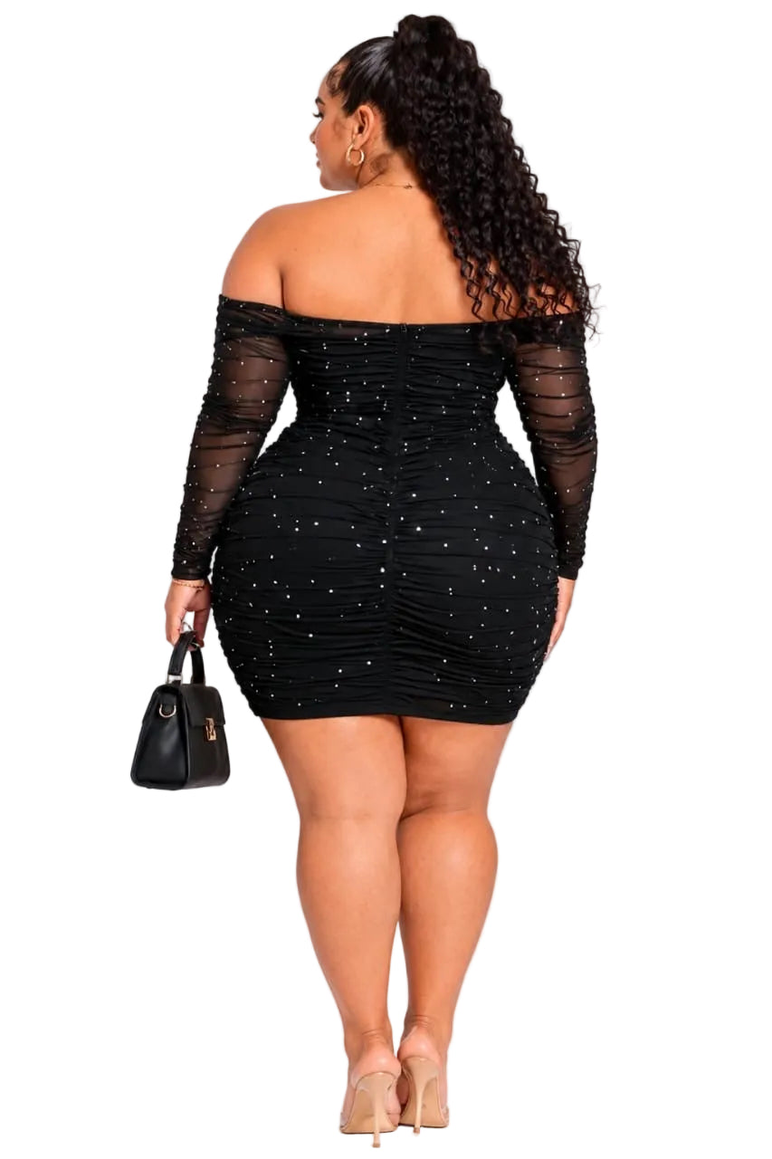 Black Bailey Plus Size Rhinestone Ruched Mini Dress