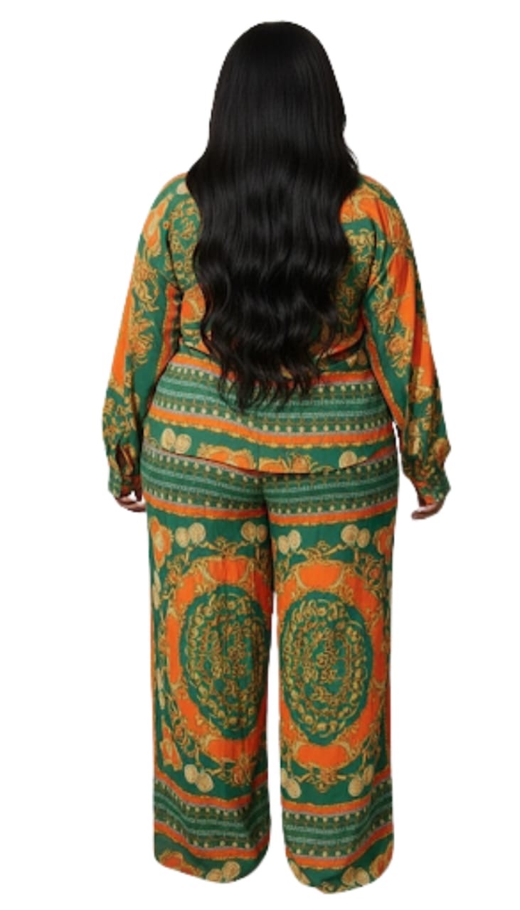 Green Orange Paisley Olivia Plus Size Wide Leg Pajama Set