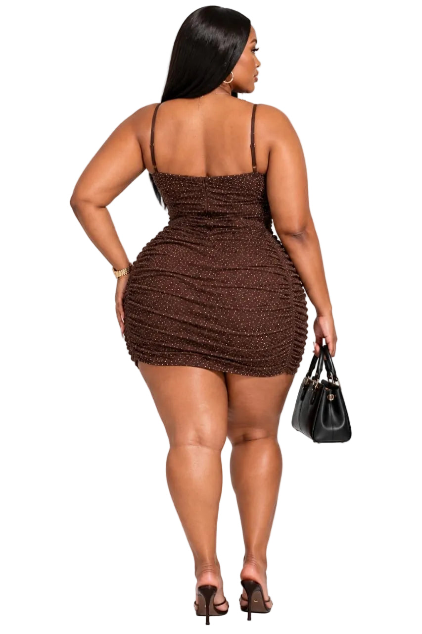 Brown Paige Plus Size Sparkle Ruched Mini Dress