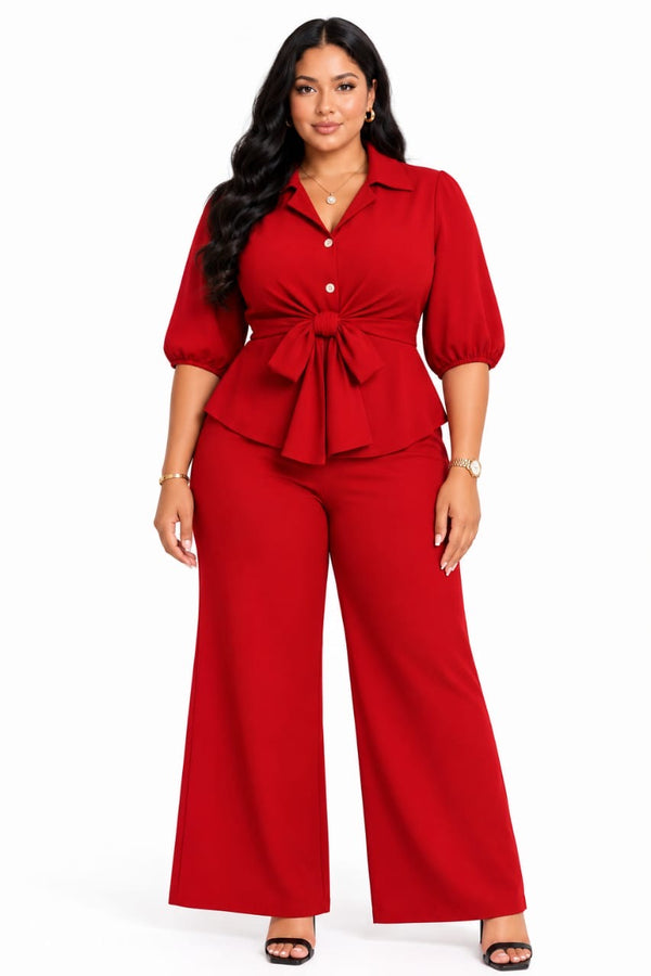 Red Zara Tie-Front Peplum Top &amp; Wide-Leg Pants Set