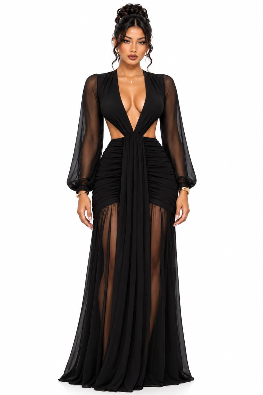 Black Juliet Sheer Sleeve Cutout Maxi Dress