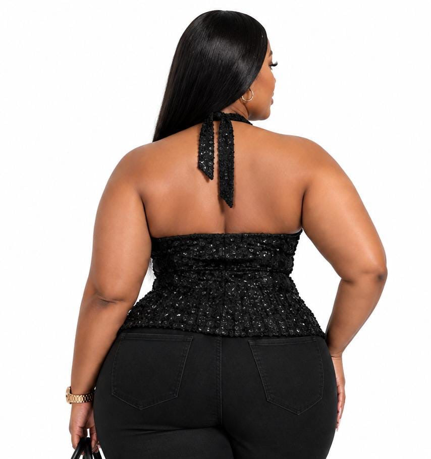 Black Violet Plus Size Sequin Halter Top