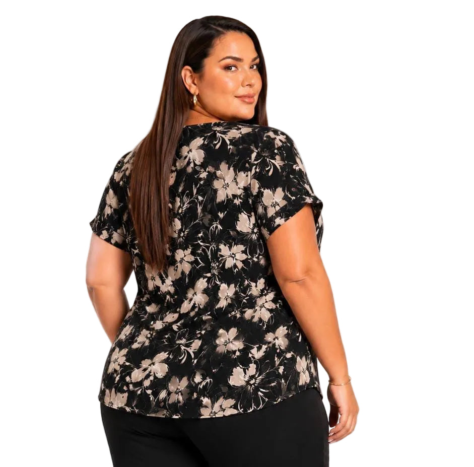 Black Floral Dahlia Plus Size Flutter Sleeve Top