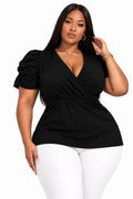 Black Claire Plus Size Puff Sleeve Wrap Top