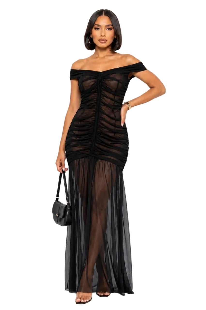 Black Riley Sheer Ruched Off-Shoulder Maxi Dress