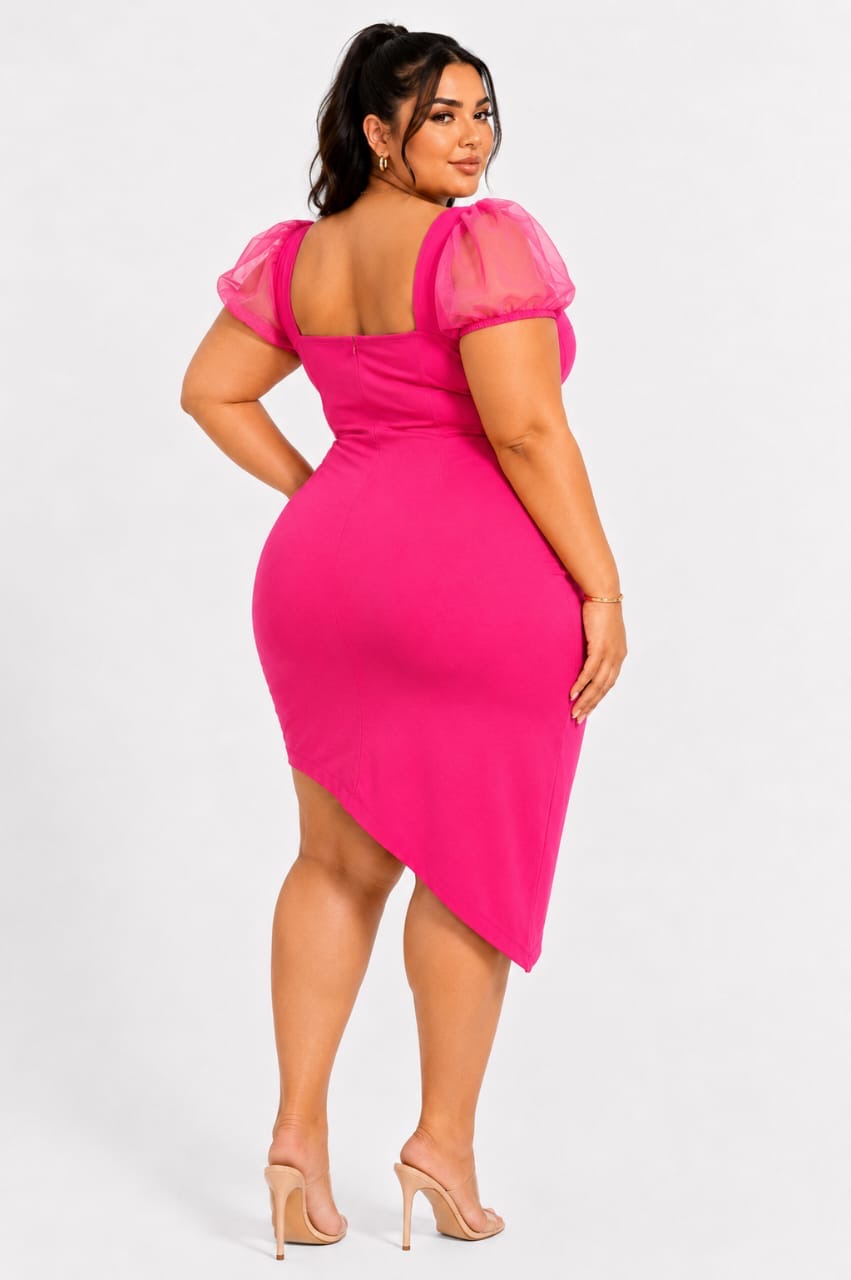 Hot Pink Mira Plus Size Mesh Puff Sleeve Corset Mini Dress