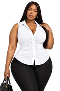 White Casey Plus Size Ruched Sleeveless Button-Up Top