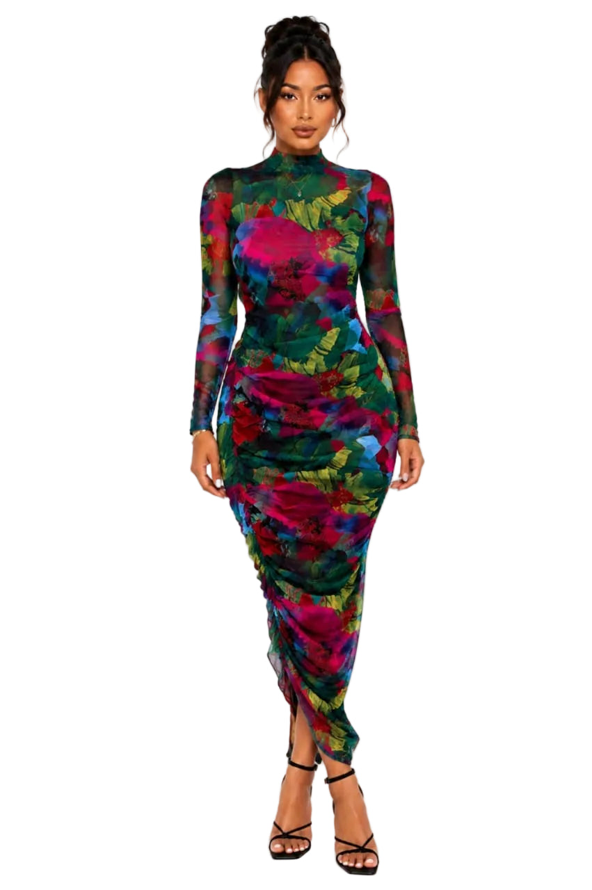 Multicolor Chloe Abstract Mesh Ruched Midi Dress