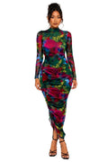 Multicolor Chloe Abstract Mesh Ruched Midi Dress