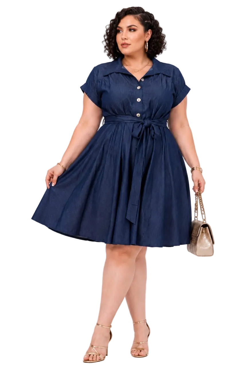 Dark Wash Dalia Plus Size Belted Denim Shirt Dress