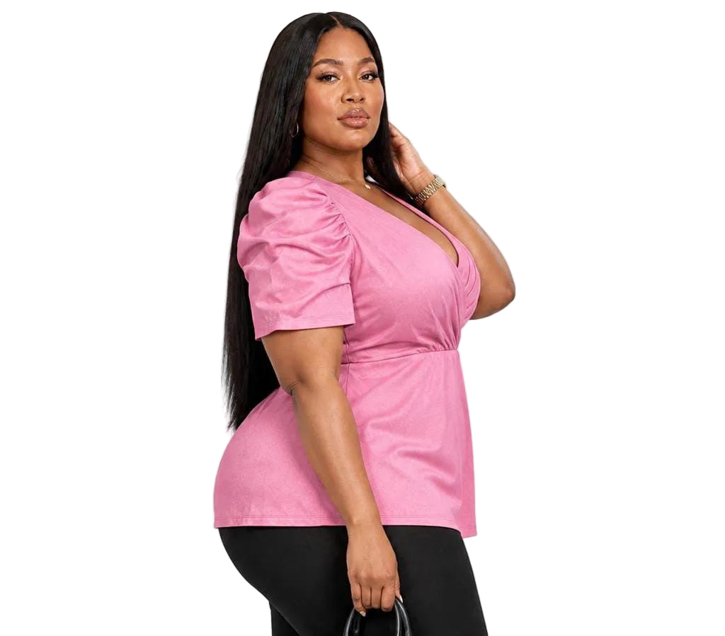Pink Claire Plus Size Puff Sleeve Wrap Top