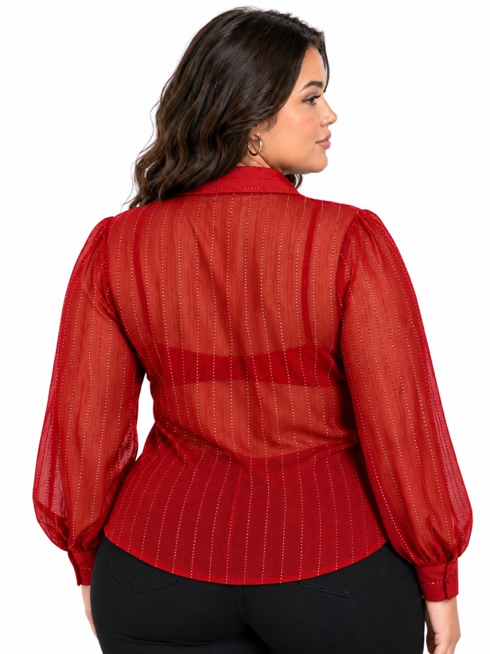 Red Cora Sheer Sparkle Button-Up Top