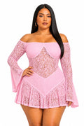Pink Lace Off-Shoulder Brielle Plus Size Mini Dress