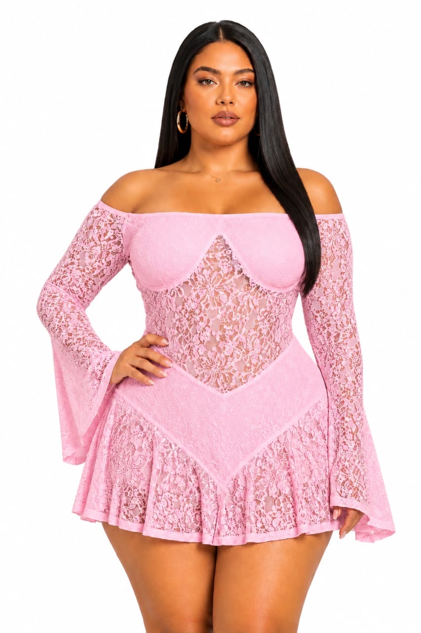 Pink Lace Off-Shoulder Brielle Plus Size Mini Dress