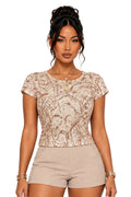 Beige Kendall Sequin Short Sleeve Top