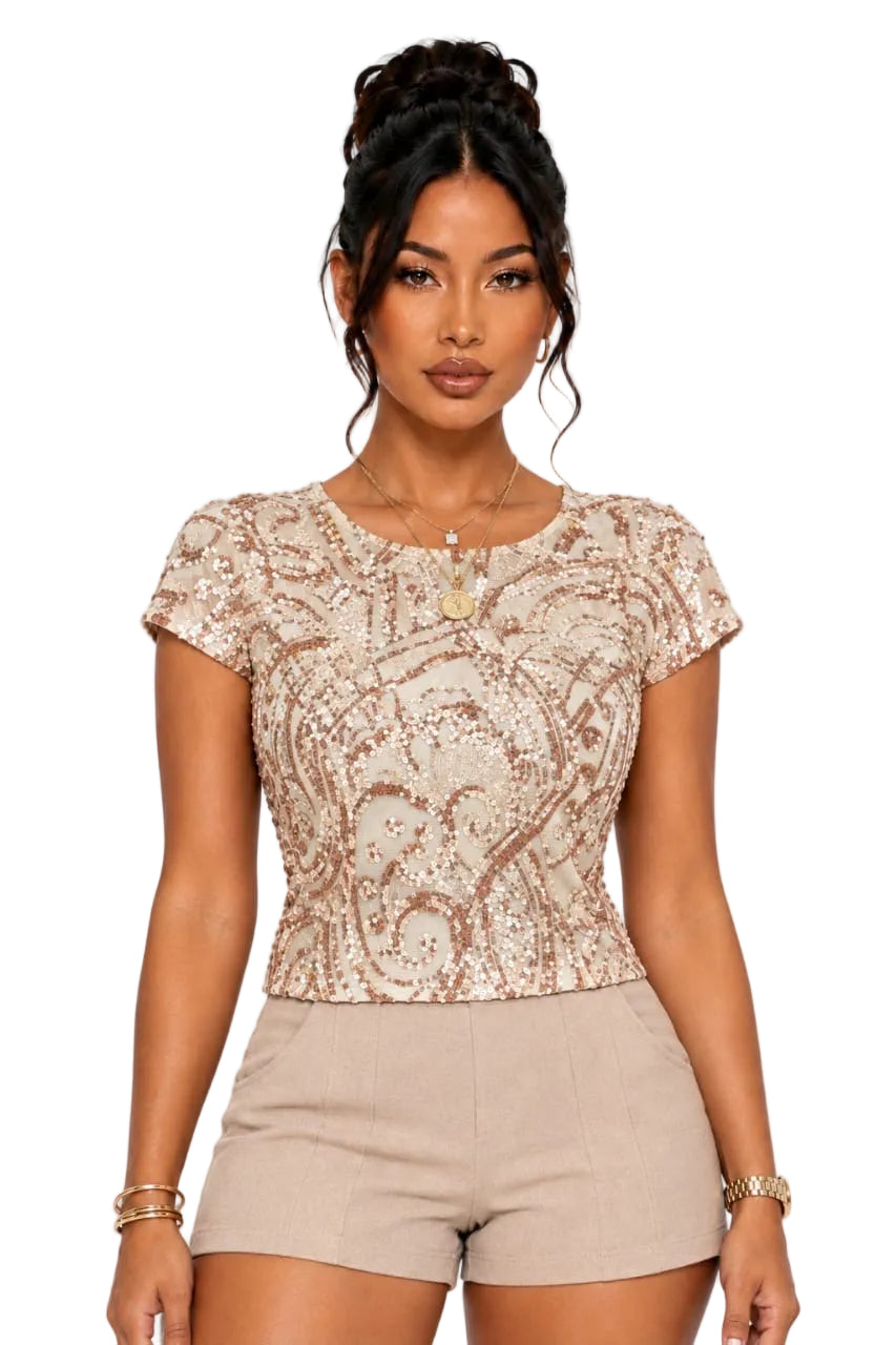 Beige Kendall Sequin Short Sleeve Top