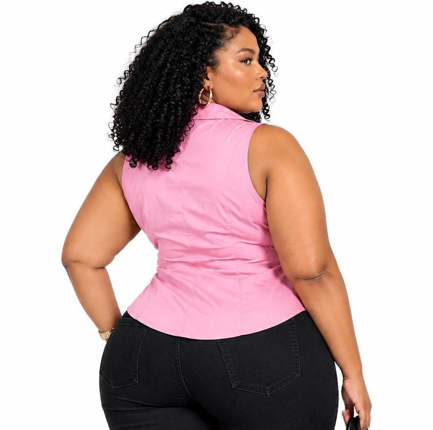 Pink Casey Plus Size Ruched Sleeveless Button-Up Top