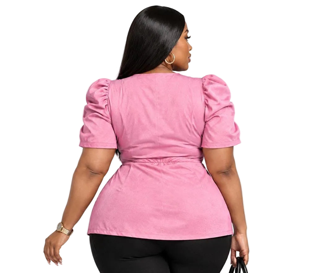Pink Claire Plus Size Puff Sleeve Wrap Top
