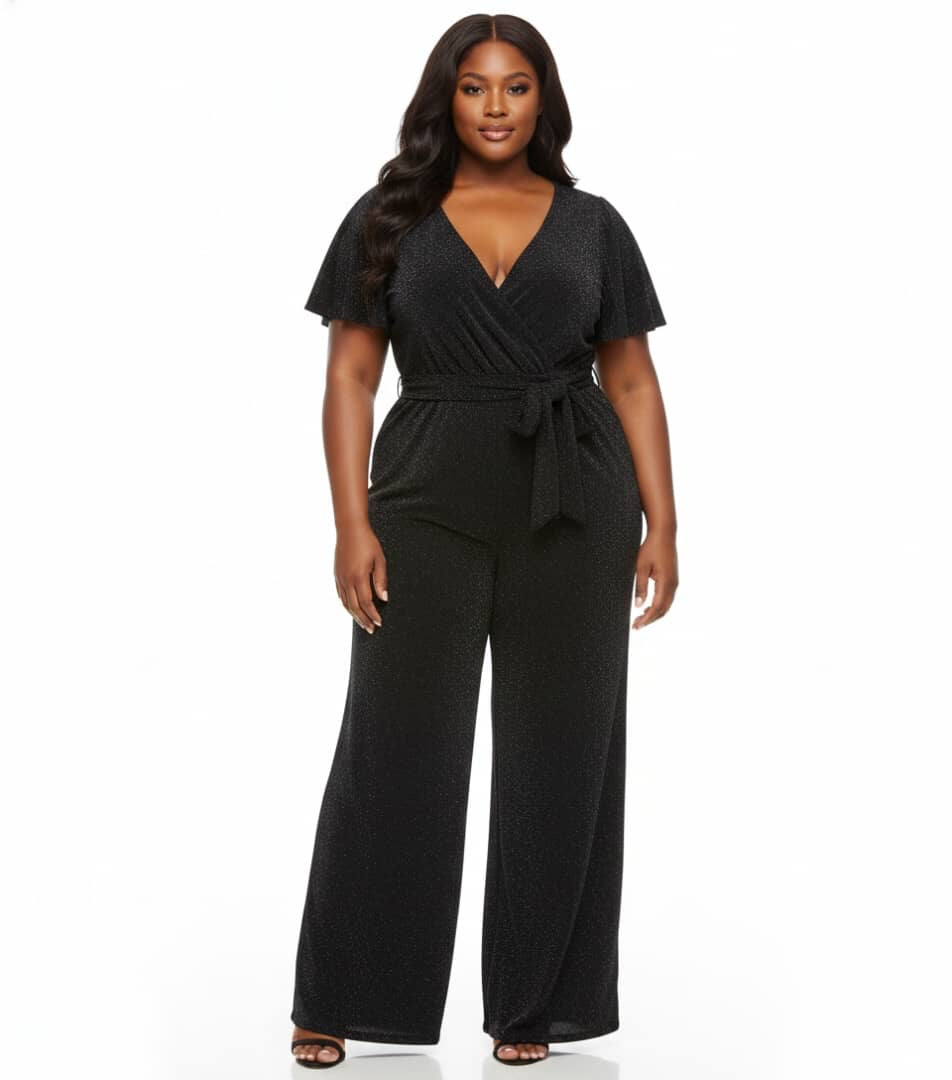 Black Glitter Isabella Plus Size Wide Leg Jumpsuit