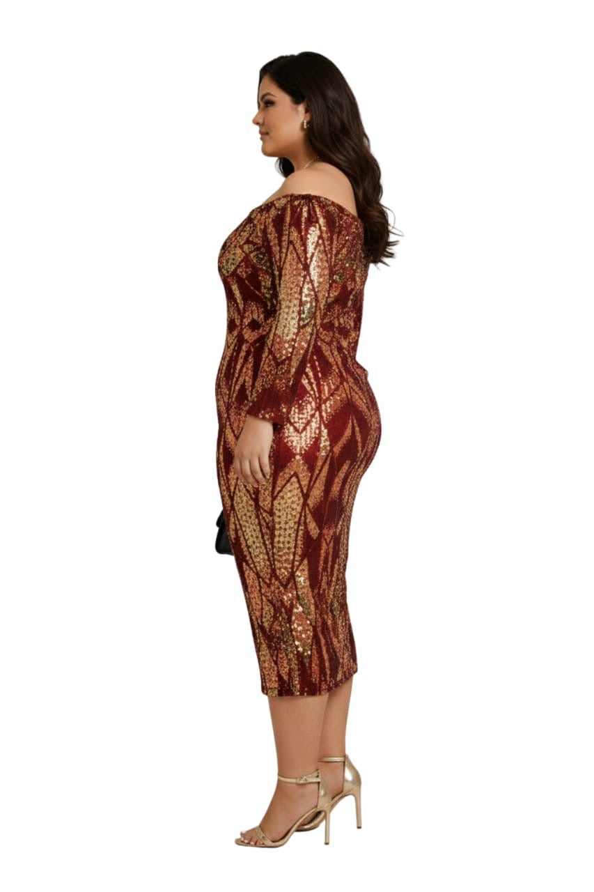 Burgundy Gold Sequin Aurora Plus Size Off-Shoulder Midi Dress