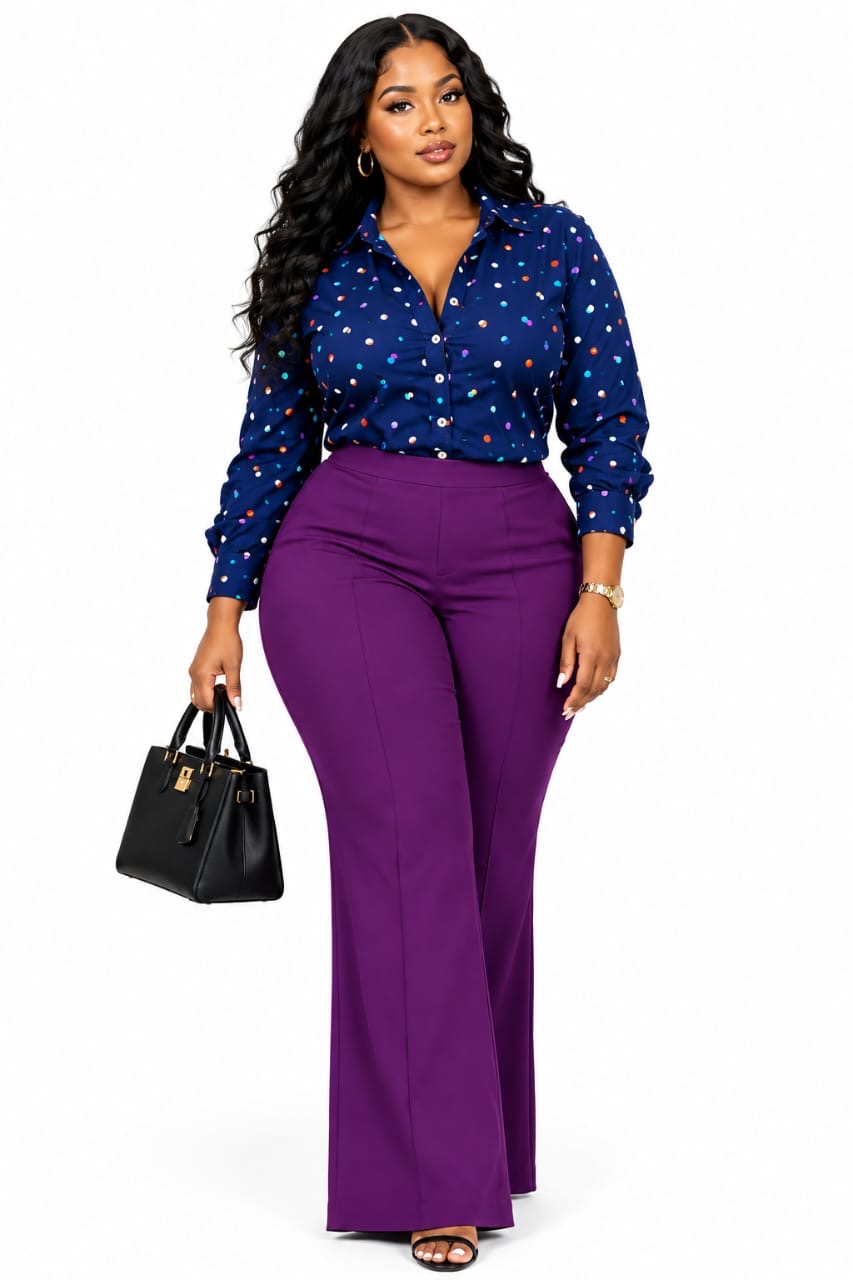 Navy Blair Polka Dot Shirt &amp; Purple Ava Flare Pants Curated Look&nbsp;