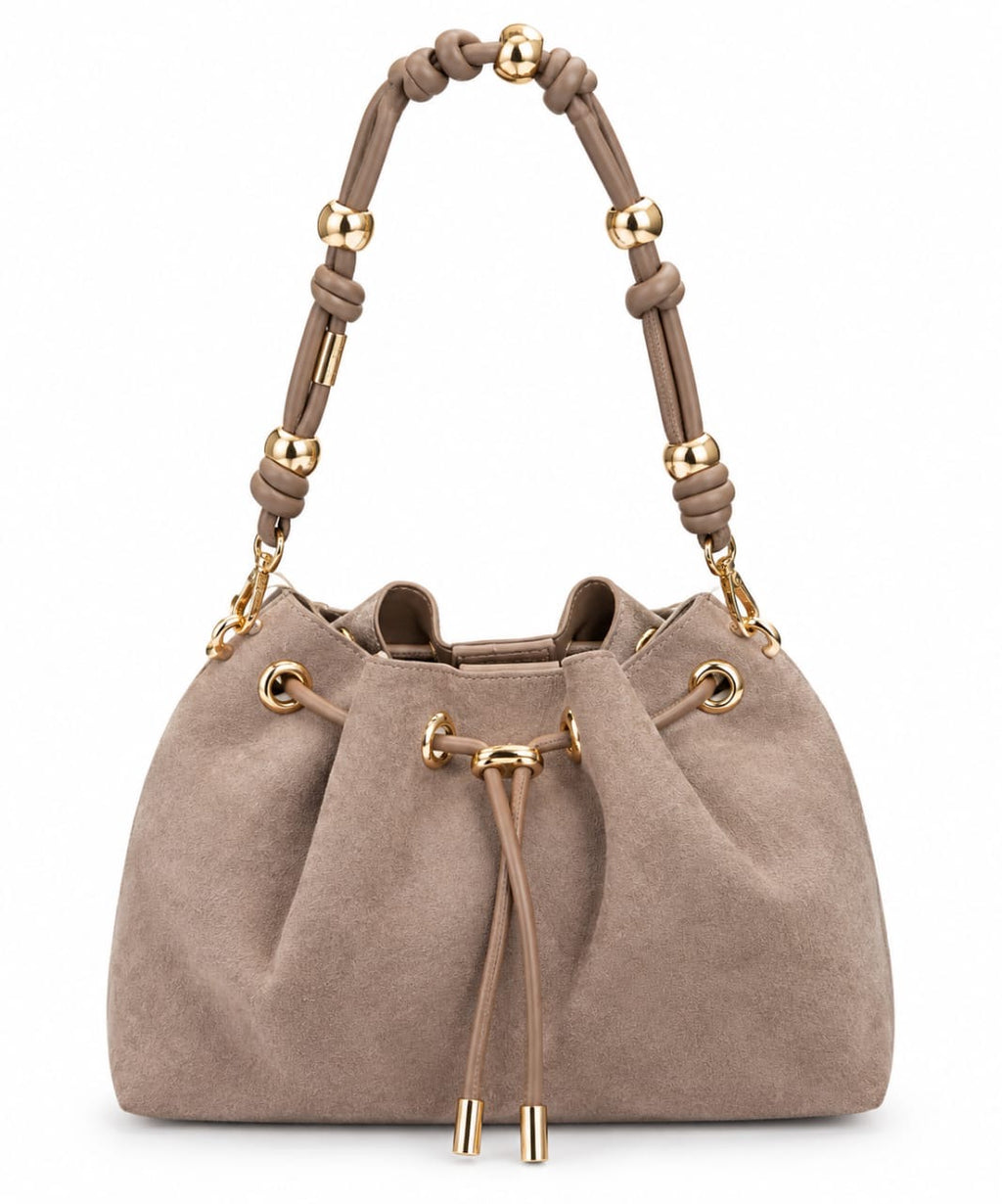 Brown Elena Suede Drawstring Handbag