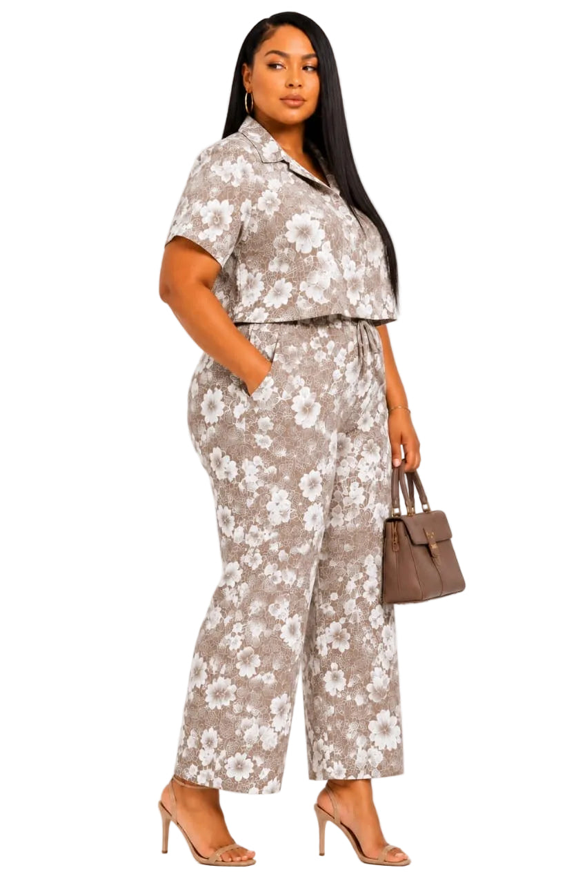 Taupe Iris Plus Size Floral Cropped Shirt &amp; Wide-Leg Pants Set