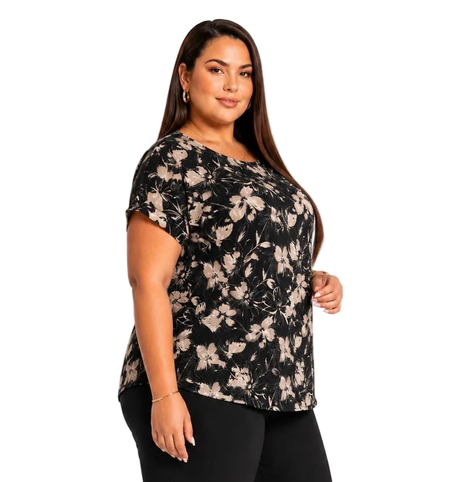 Black Floral Dahlia Plus Size Flutter Sleeve Top