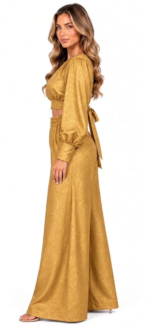 Gold Cora Textured Crop Top & Wide-Leg Pants 2 Piece Set
