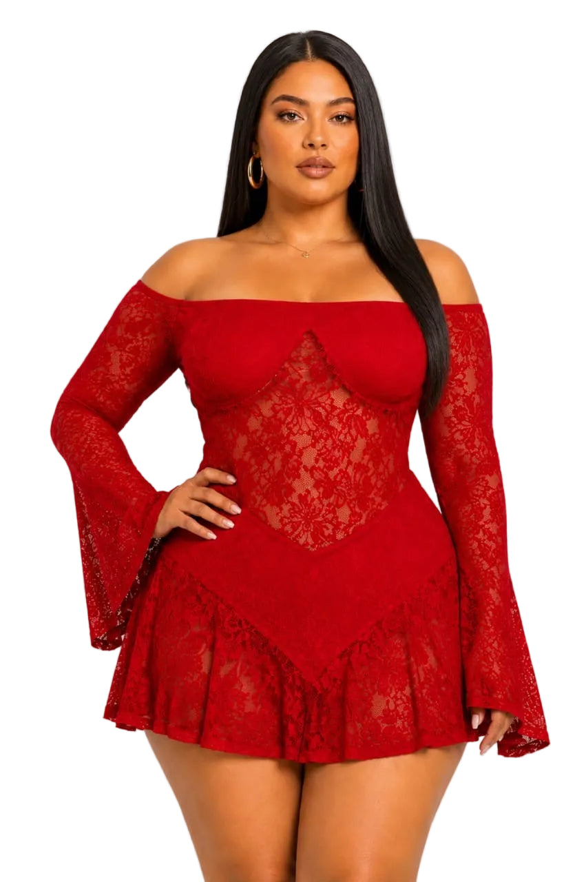 Red Lace Off-Shoulder Brielle Plus Size Mini Dress