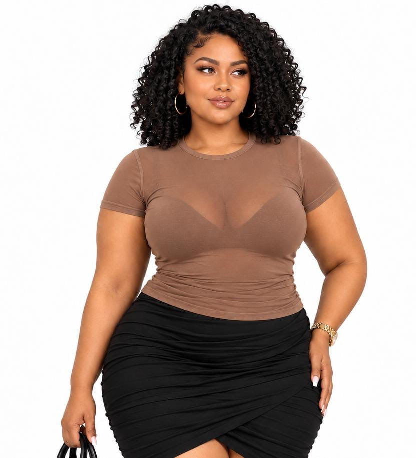 Brown Parker Plus Size Sheer Mesh Top