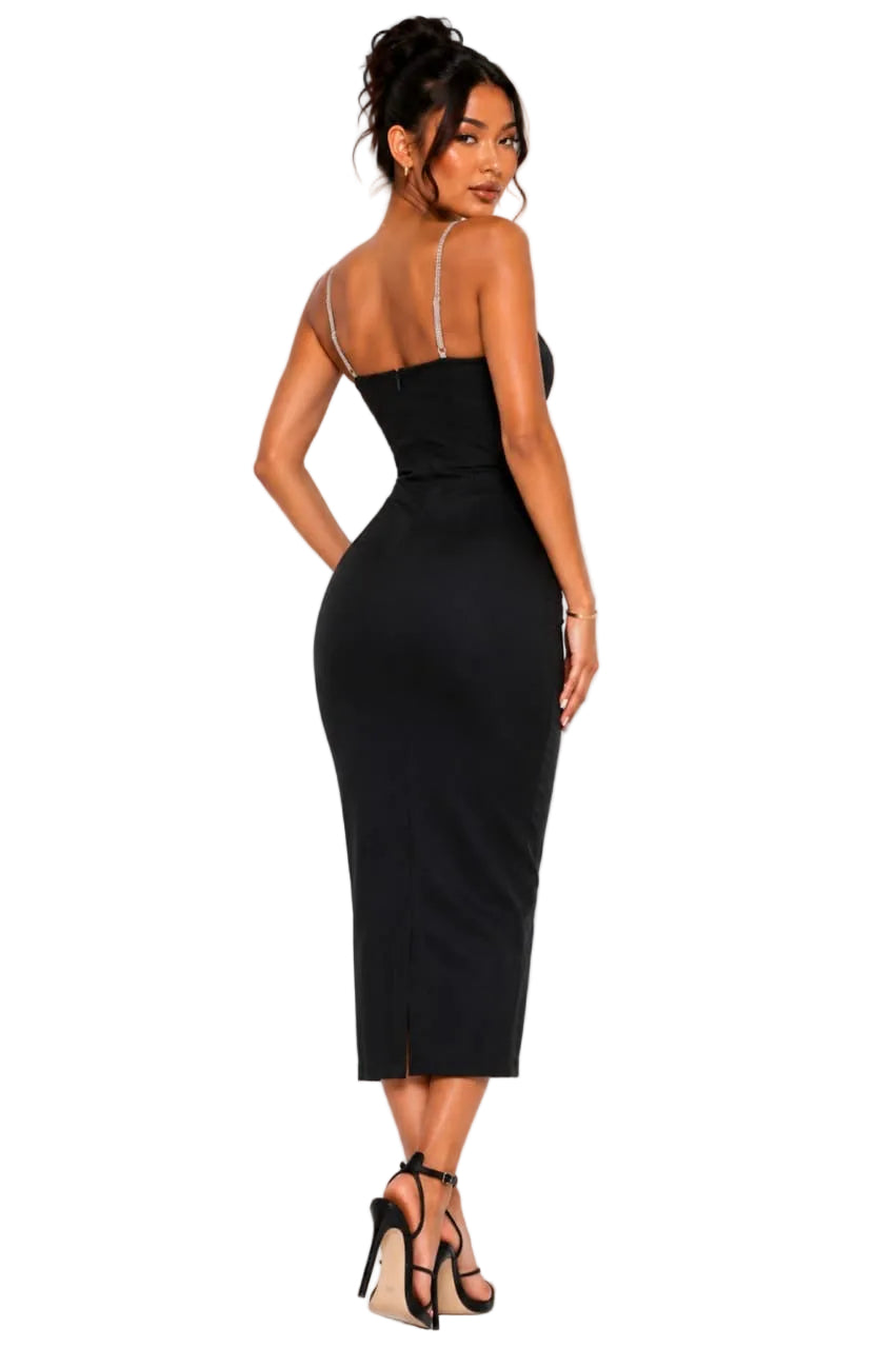 Black Audrey Rhinestone Chain Bustier Midi Dress