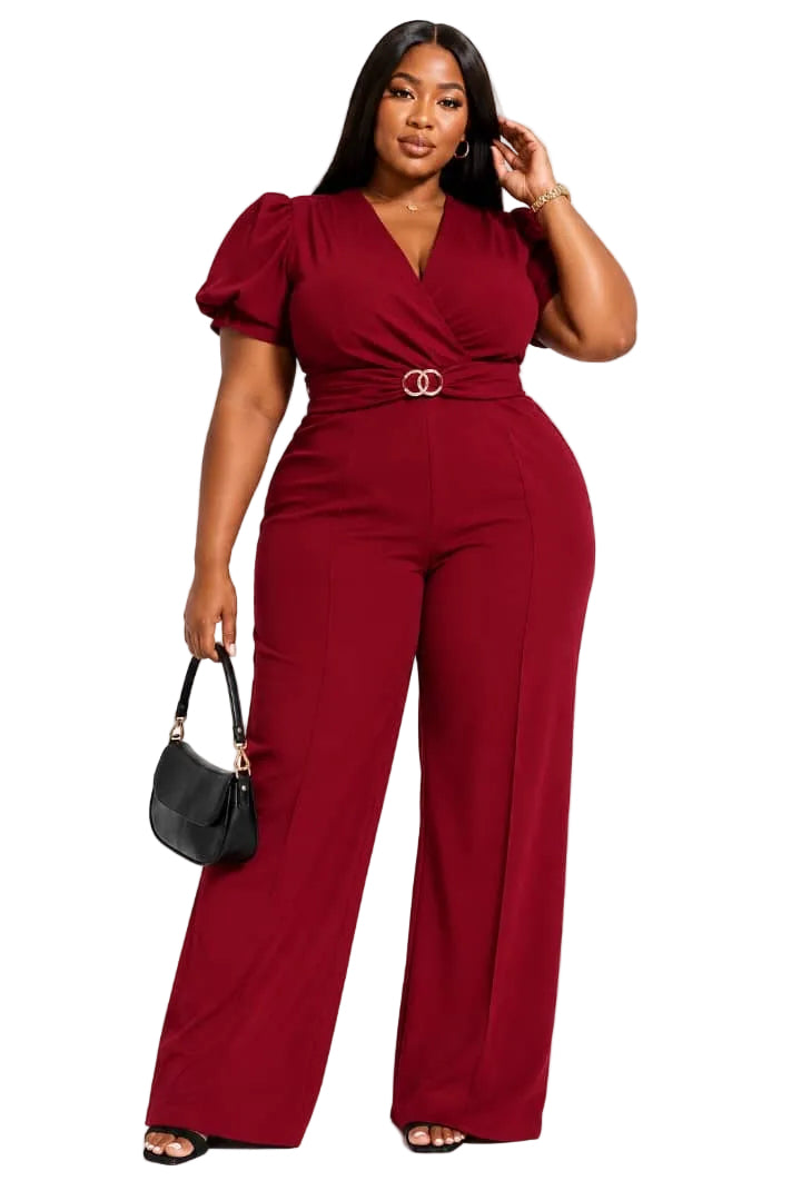 Burgundy Ivy Plus Size Puff Sleeve Wide-Leg Jumpsuit