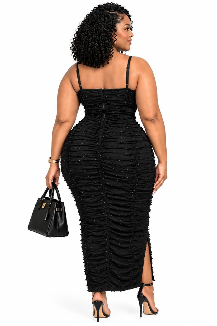 Black Lana Beaded Ruched Midi Dress