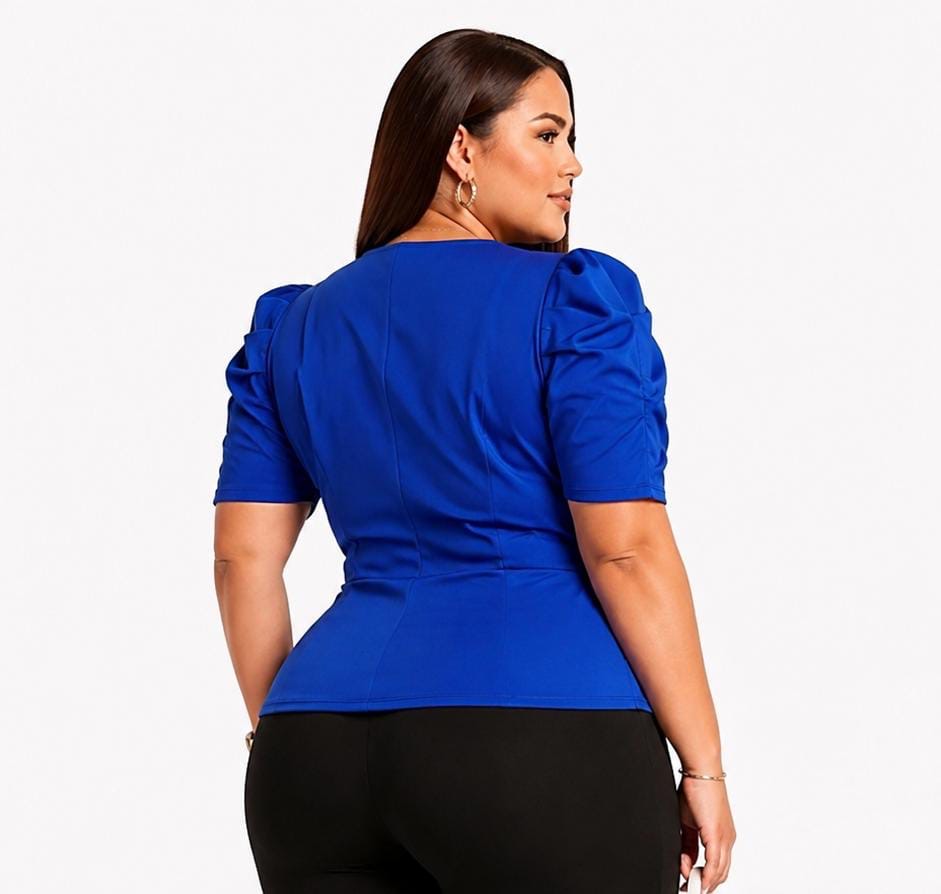 Royal Blue Aria Plus Size Puff Sleeve Peplum Top