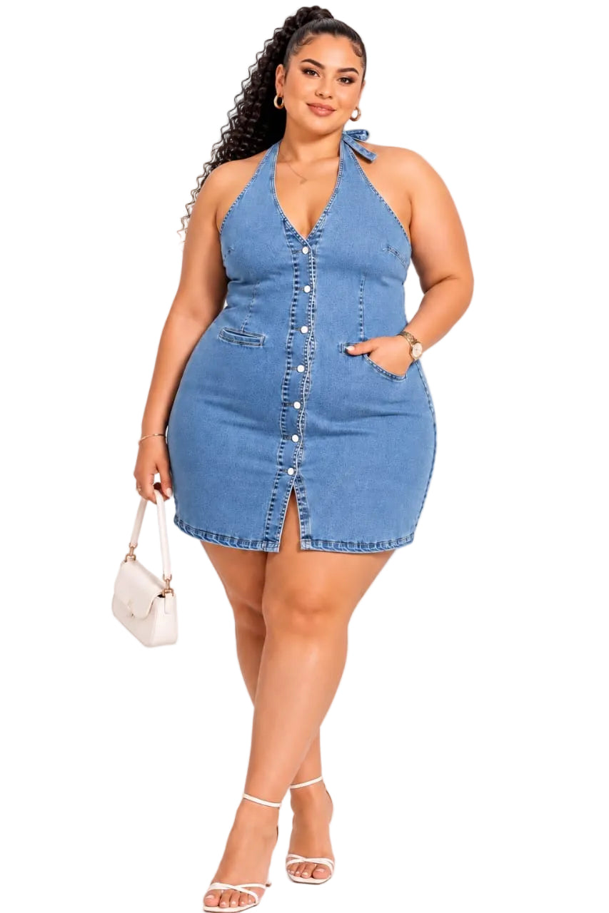 Blue Sienna Plus Size Halter Button Denim Mini Dress