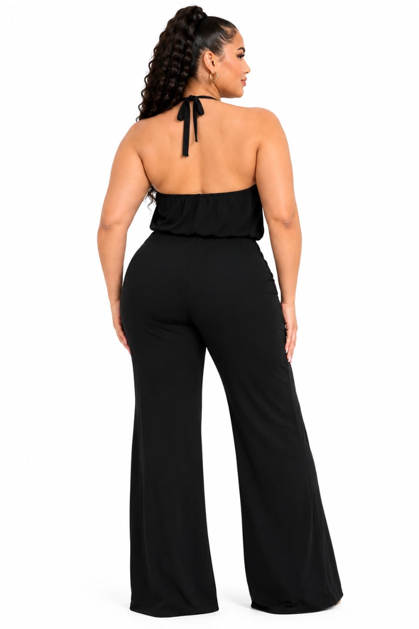 Black Willa Cowl Halter Wide-Leg Jumpsuit