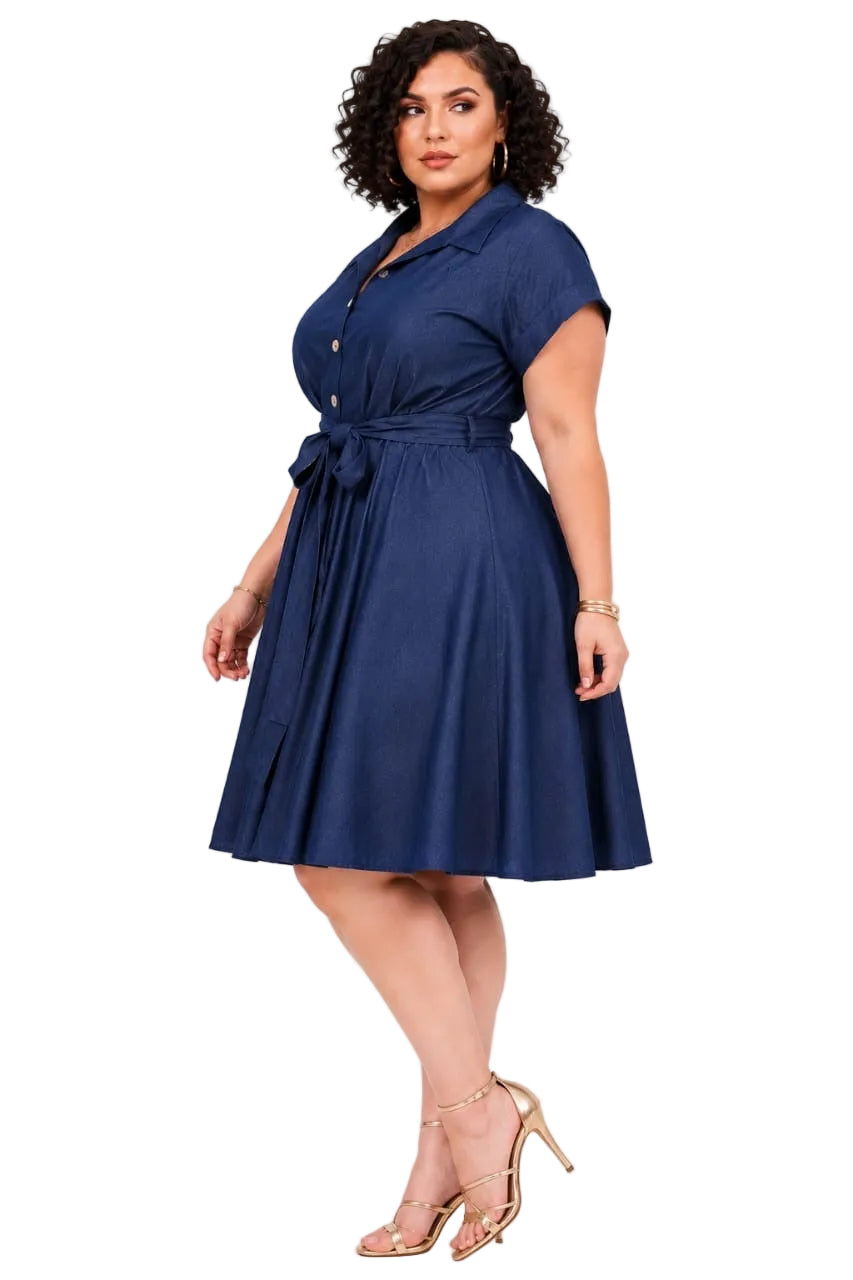 Dark Wash Dalia Plus Size Belted Denim Shirt Dress