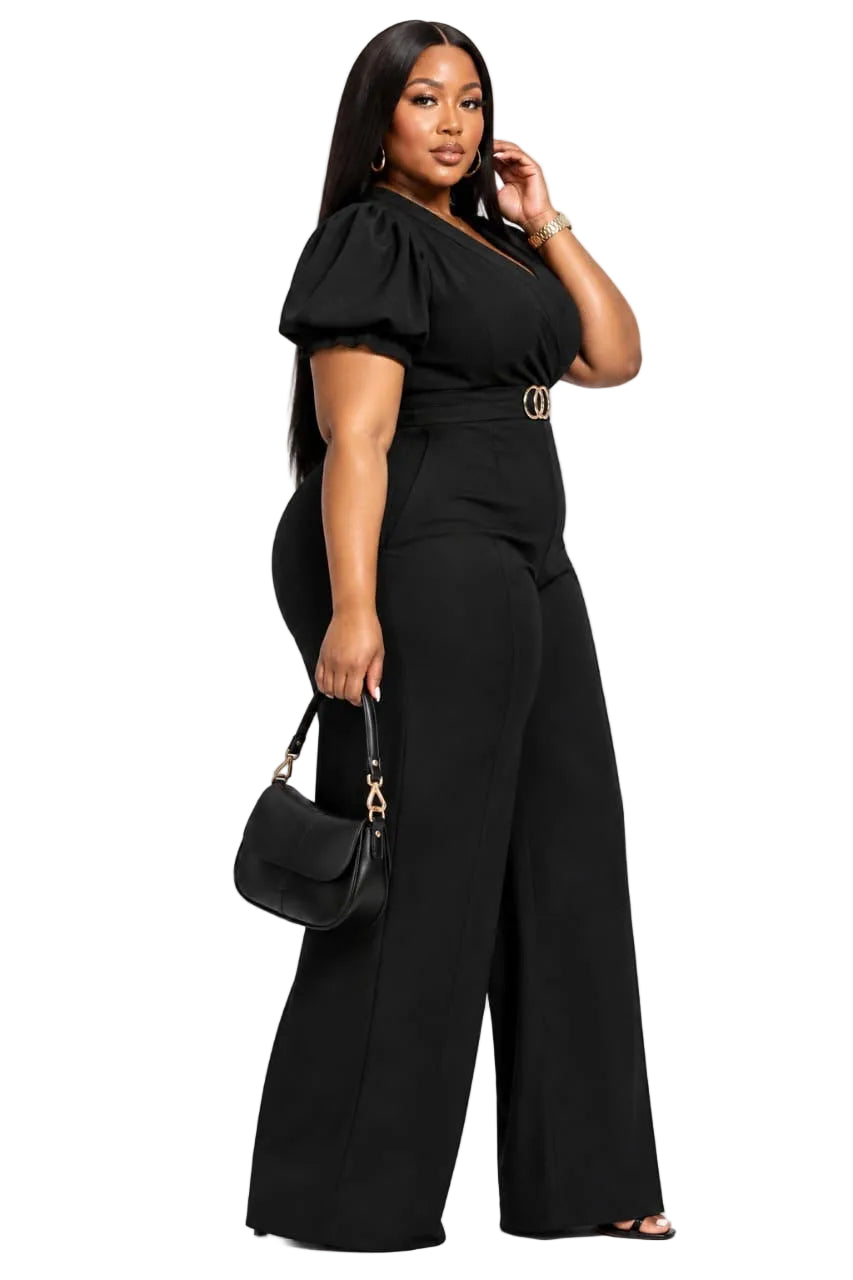 Black Ivy Plus Size Puff Sleeve Wide-Leg Jumpsuit