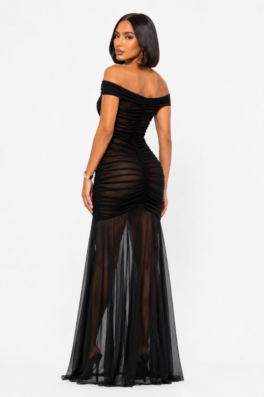 Black Riley Sheer Ruched Off-Shoulder Maxi Dress