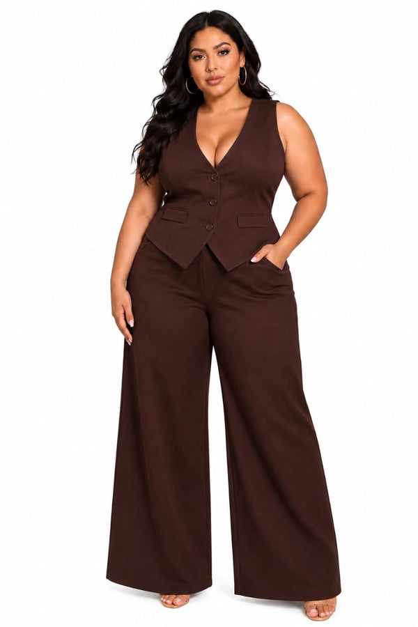Taylor Chocolate Brown 2pc Plus Size Vest &amp; Pant Set